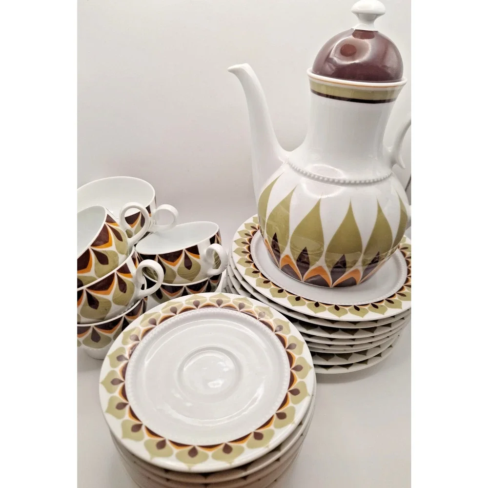 Vintage Eschenbach Bavaria 25 piece Coffee Set Serves 8 Brown Green MCM Retro